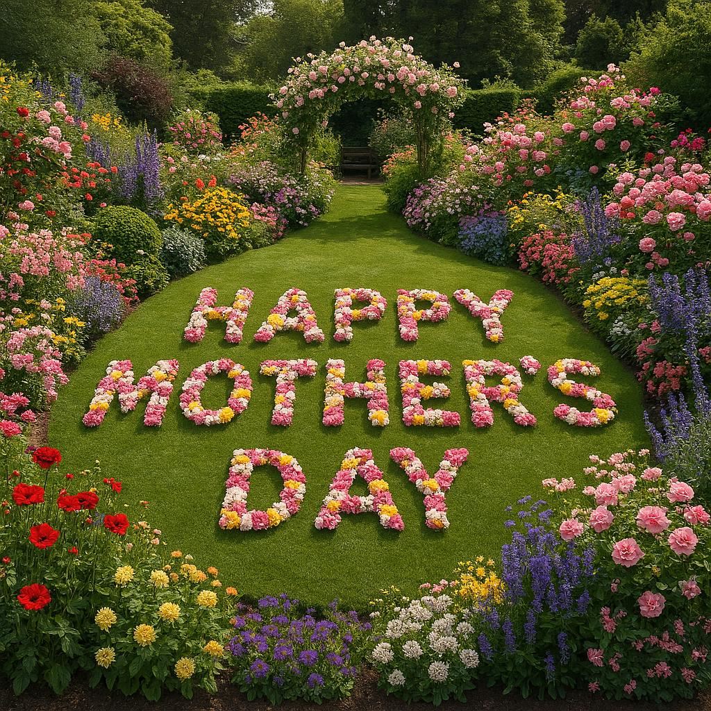 Beautiful english garden, with the words "Happy Mother's Day" spelled out in flowers in the garden, photorealistic